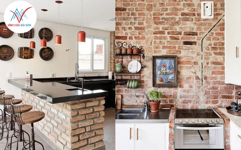 Bếp ăn mang phong cách Rustic với quầy bar ốp gạch cổ