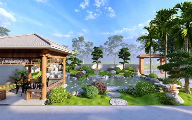 Nhà chòi gỗ có tiểu cảnh sân vườn