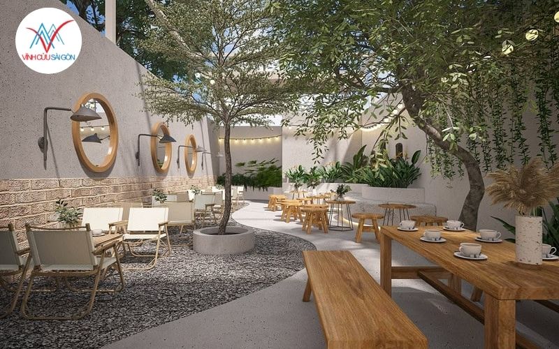 Quán cafe sân vườn phong cách hiện đại tối giản
