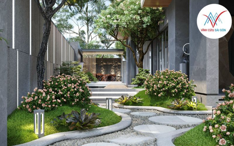 Sân vườn 30m2 kết hợp sỏi trắng trang trí